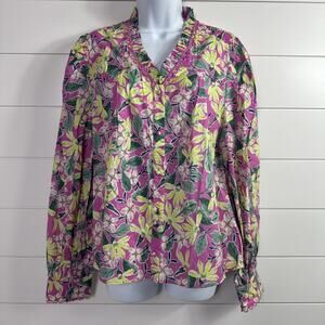 AVARA Floral Blouse Button Front Long Sleeve Purple sz L